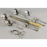 A pair of silver Kings pattern sauce ladles, a pair of mustard spoons and a pair of salt spoons,