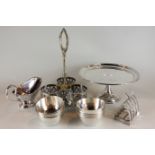An Elkington silver plated comport; an oval dish, a three-division kettle stand, other tableware