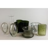 Seven pieces of Finnish clear and colour glassware to include a green vase signed Alvar Malto