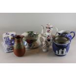 A collection of Victorian and later china to include a Wedgwood blue Jasper ware jug, a biscuit