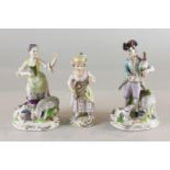 Three Dresden porcelain figures, including a gentleman playing pipes, a lady musician (a/f), and