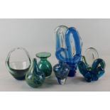 Six pieces of 'Medina' blue and coloured glass ware to include 'basket', vase, etc