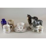 Nine pieces of commemoration china, two horse ornaments, a Dartmouth pottery breakfast cup and