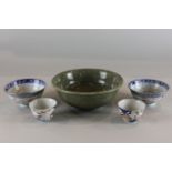 A Chinese green crackle ware glaze bowl, 16cm, and two pairs of small blue and white porcelain