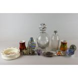 A Bunnykins child's bowl, a glass decanter, two glass paperweights, a glass doorstop, two Poole