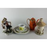 An Italian ornament, granddad and boy, eight other figure ornaments, three cottage candle lights,