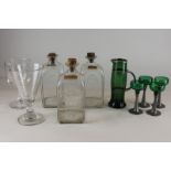 Three 18th century square glass spirit decanters (from a cellarette), seven various 'rummers' and