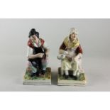 A pair of 19th century Staffordshire pottery figures, a cobbler and his wife, 6.5cm high, (a/f)