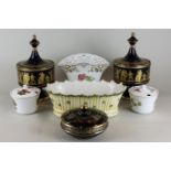 A pair of Regency style circular pots and covers with gilt classical figure decoration, another