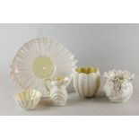 Five pieces of Belleek porcelain, to include dish stand, two small jardinieres, a sugar bowl and
