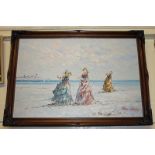 20th century Continental, three ladies in long dresses on a beach, oil (pallet knife), on canvas,