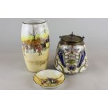 A Royal Doulton Dickens Ware vase decorated with a coach and horses, a matching small dish (a/f) and