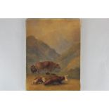 19th century English school, cattle resting in a mountain landscape, watercolour on paper on