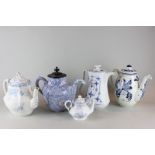 A blue and white Burslem self pouring teapot together with four other blue and white teapots in