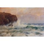 Warne Browne (d 1915), crashing waves on a rocky coastline, oil on canvas, signed, 40cm by 60cm