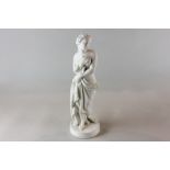 A late 19th century parian ornament of a young lady, standing holding a robe to her breast, 28cm