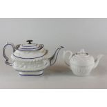 Two 19th century creamware teapots, one marked Copeland to base and the other with blue