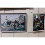 Pierre la Croix, fishing boats on a beach, gouache, signed, 34cm by 49cm, and another painting of