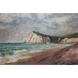 Frances Wall, 20th century, Dover Cliffs, oil on panel, signed, 49cm by 60cm, and a Spanish beach