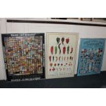 Three modern framed Continental posters, Belgian beer labels, varieties of peppers and another,