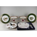 Two Victorian comports, two cabinet plates depicting fish and two Worcester cake plates and slices