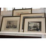 Nelson interest, three engravings, Death of Nelson, The Victory and Battle of Trafalgar, and two