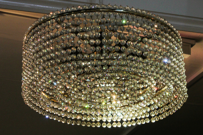 A J & L Lobmeyr heavy brass and glass electrolier with lights and five tiers of circular facet cut