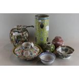 A Chinese porcelain cylindrical stick stand, two oriental bowls, a Chinese porcelain rice bowl