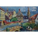 Kurt Bialostotzky (1896 - 1985 German), town view with church and figure on a bridge, oil on canvas,