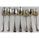 Seven various 18th century and later silver Old English pattern tablespoons, various dates and