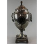 A George III plated tea urn on square base, 50cm high (NC)