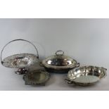 An oval plated entree dish and cover and hot water base; together with a Victorian plated card tray,