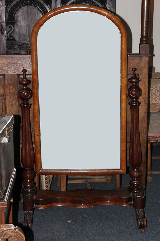 A Victorian mahogany cheval mirror on fluted column stand with scroll splayed feet, 90cm wide