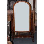 A Victorian mahogany cheval mirror on fluted column stand with scroll splayed feet, 90cm wide