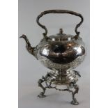 A Victorian plated kettle on stand (burner missing) with leaf and scroll engraved decorated body,
