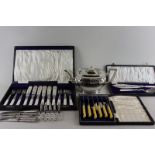 A set of plated fish knives and forks in case, a pair of fish servers in case and a set of tea