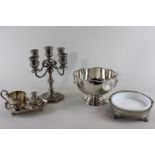 A small candelabra, a small plated rose bowl, a butter dish and a bowl and cigar lighter in carrier