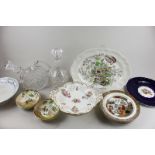 A glass decanter, a glass jug with stopper, eight Royal Doulton Old English scenes bowls and other