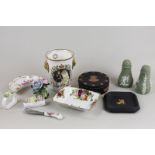 A Wedgwood black Jasper ware 'Egyptian' box, Jasper ware green salt and pepper, a Charles and