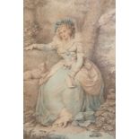 A Victorian picture on glass, portrait of a lady seated by a tree, 39cm by 30cm