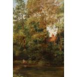 Victorian School, H J Walker?, girl seated at a woodland pond, indistinctly signed and dated '74,