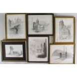 Six Geldart monotone prints, views of Manchester landmark buildings including the Ship Canal and the