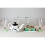 A Ridgway Potteries 'Homemaker' teapot, four Art Deco conical cocktail glasses with green bases