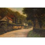 Lewis, view of country lane with cottages and figures, inscribed Mickleham in Surrey, oil on canvas,