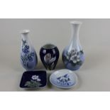 Royal Copenhagen porcelain, three various vases and two small dishes, decorated with flowers,