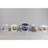 Four 19th century and later porcelain mugs, two with verse and flower decoration, and a two handle