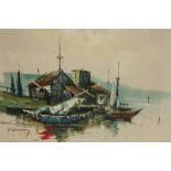 20th century pair of Continental harbour scenes, oils on canvas, indistinctly signed, 39cm by 50cm