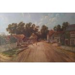 Allan, 19th century, view of figures on a road with farm buildings and cottages, signed, 44cm by