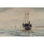 A Hulk, maritime views, a moored ship and another of a headland, both signed