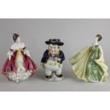 Two Royal Doulton figurines of ladies, Alexandra and Southern Belle, together with a Toby jug of